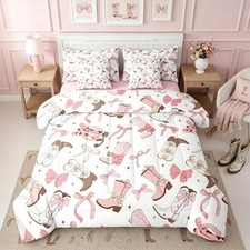Pink Bow Comforter Set With Sheets Size,Kids Boys Girls Cute Bow King Cute Pink