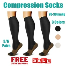 3/6 Pairs Copper Compression Socks 20-30mmHg Graduated Support Mens Womens