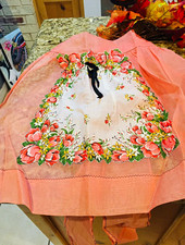 Vintage/Retro Sheer Pink Floral Waist Apron w/ White Panel Black Ribbon Tie