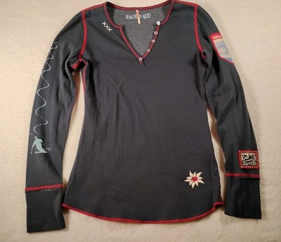 Vtg Alp N Rock Henley Shirt Heli-Ski Cross Stitch Patch Logo Base Layer Sz 1 Blu