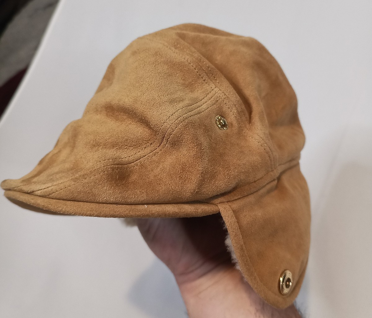 UGG Suede Driving Hat With Snap Up Shearling Sheeps Wool Neck Flap