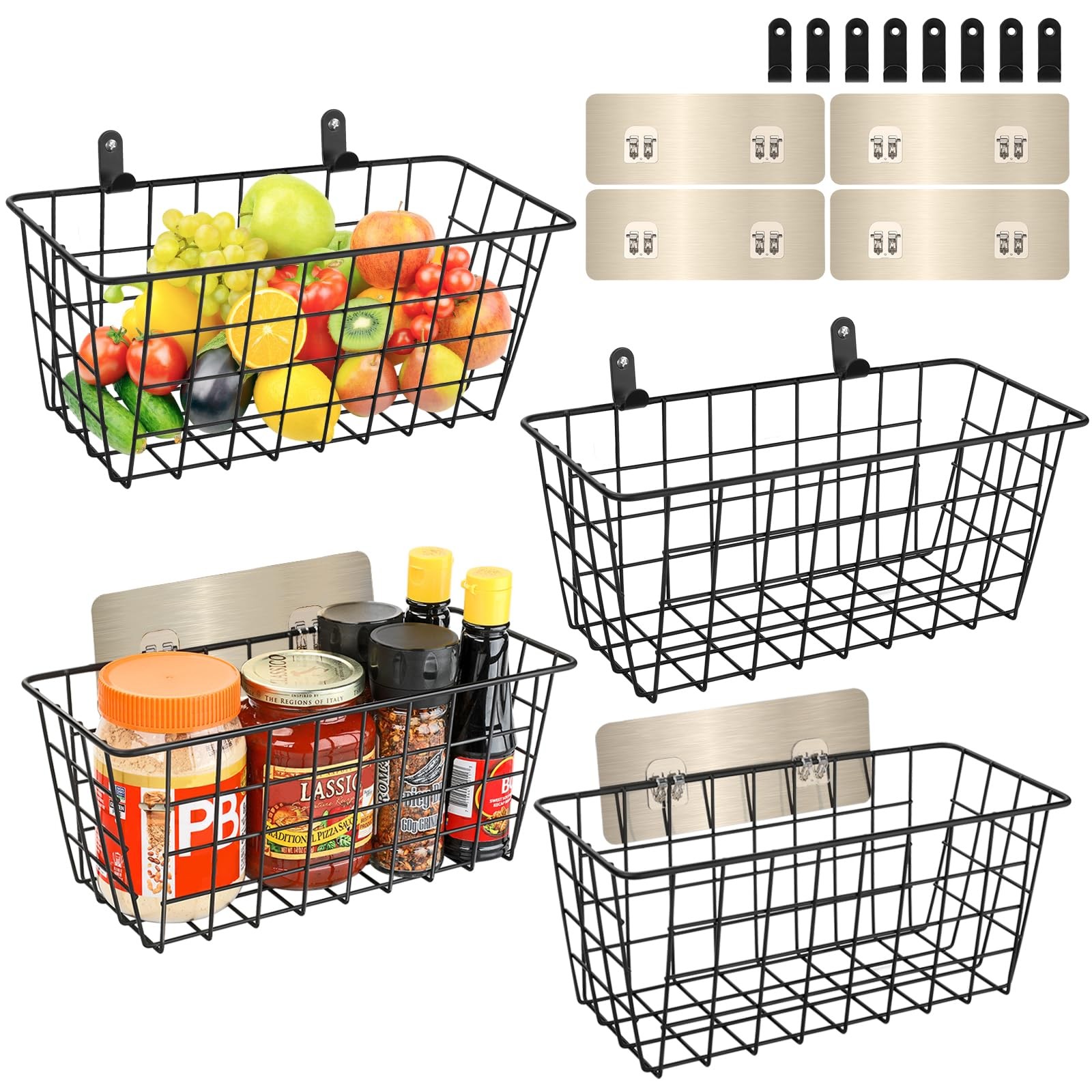 Wire Storage Baskets 4 Pack Black Hanging Wall Cabinet Door Fruit Organizer