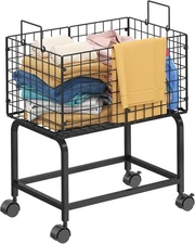 Rolling Laundry Cart with Handle,Black Wire Basket-23.6x15.75x28in
