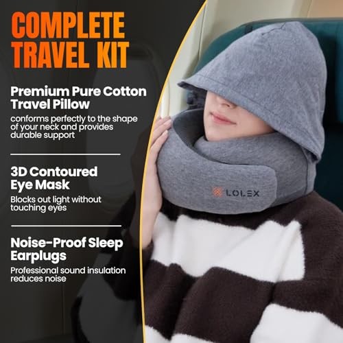 Memory Foam Travel Pillow with Neck Support Hooded Pro Dark Grey  