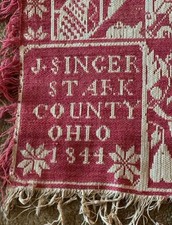 Antique 1844 Jacquard Coverlet Signed J Singer Ohio Red White Woven Textile