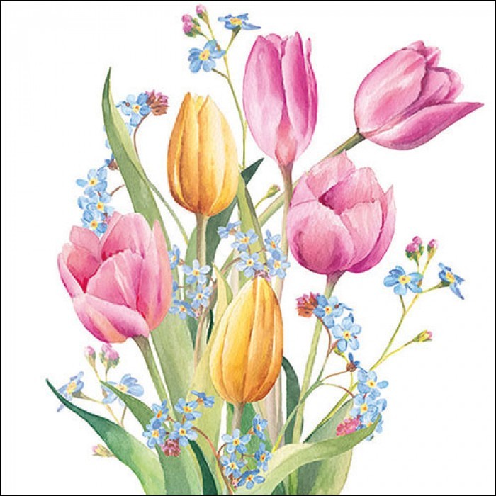 4 x Paper Napkins/33cm/3Ply/Decoupage/Flowers/Assorted Tulips/Pink/Yellow