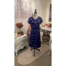 Vintage NPC Fashions Navy White Abstract Pleated Midi Dress ILGWU Union Made