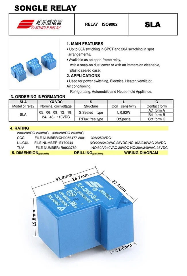 T90 SONGLE Mini Power Relays SLA-05V 09V 12V 24V 48VDC-SL-A -SL-C 4-5-6Pin 30A - Image 4 of 4