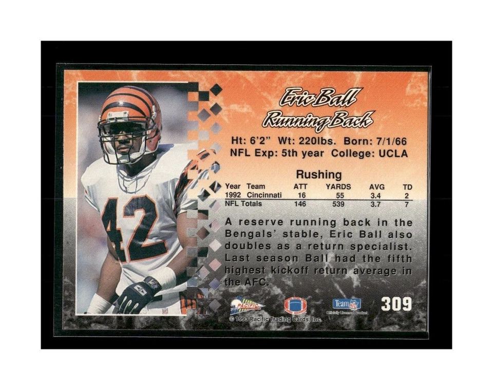 1993 Pacific Football Card #309 Eric Ball - Image 2 of 2