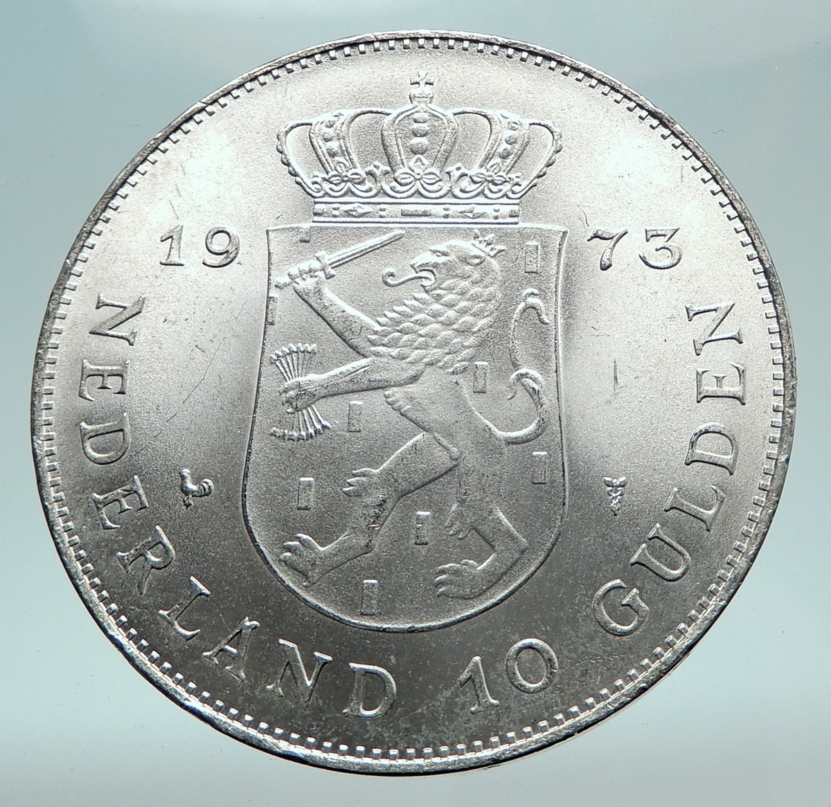 1973 Netherlands Kingdom Queen JULIANA Authentic Silver 10 Gulden