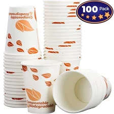 [100 Pack] Compostable 12 Oz Paper Coffee Cups Set Leaf Print by Avant Grub