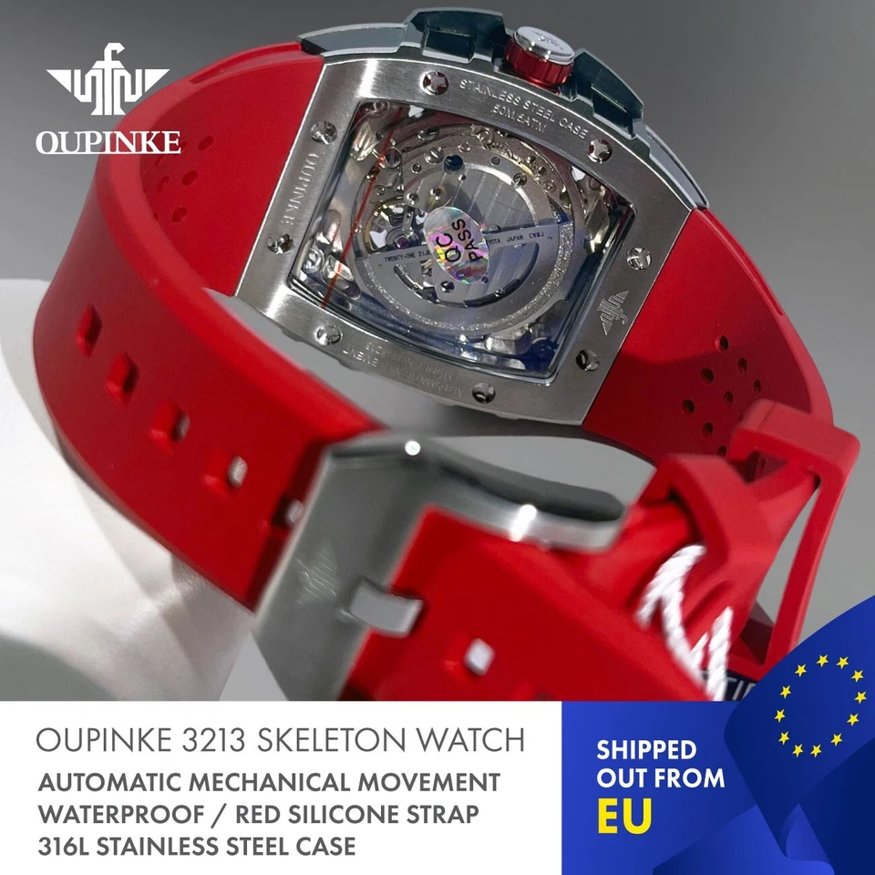 Reloj mecánico impermeable automático OUPINKE 3213 Skeleton. Edición roja. Foto 4 de 4