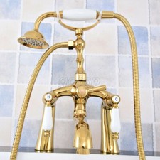 Gold Color Brass Deck Mount Clawfoot Bathtub Faucet W/ Hand Shower Mixer Tap