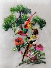 Vintage Stickerei Kunstwerk Handarbeit Vogel Blumen 9 x 11,5 cm