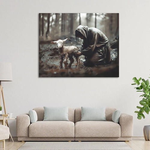 Jesus and Lamb Canvas Wall Art Jesus Rescues Lost Lamb Picture Wall Art Canvas - Picture 6 of 7