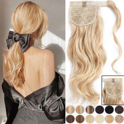 Ponytail Clip In 100% Human Hair Extensions One Piece THICK Platinum Blonde Wavy