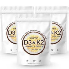  Pack Of 3 Vitamin D3 10000 iu Plus K2 200 mcg, 300 Virgin Coconut Oil Softgels