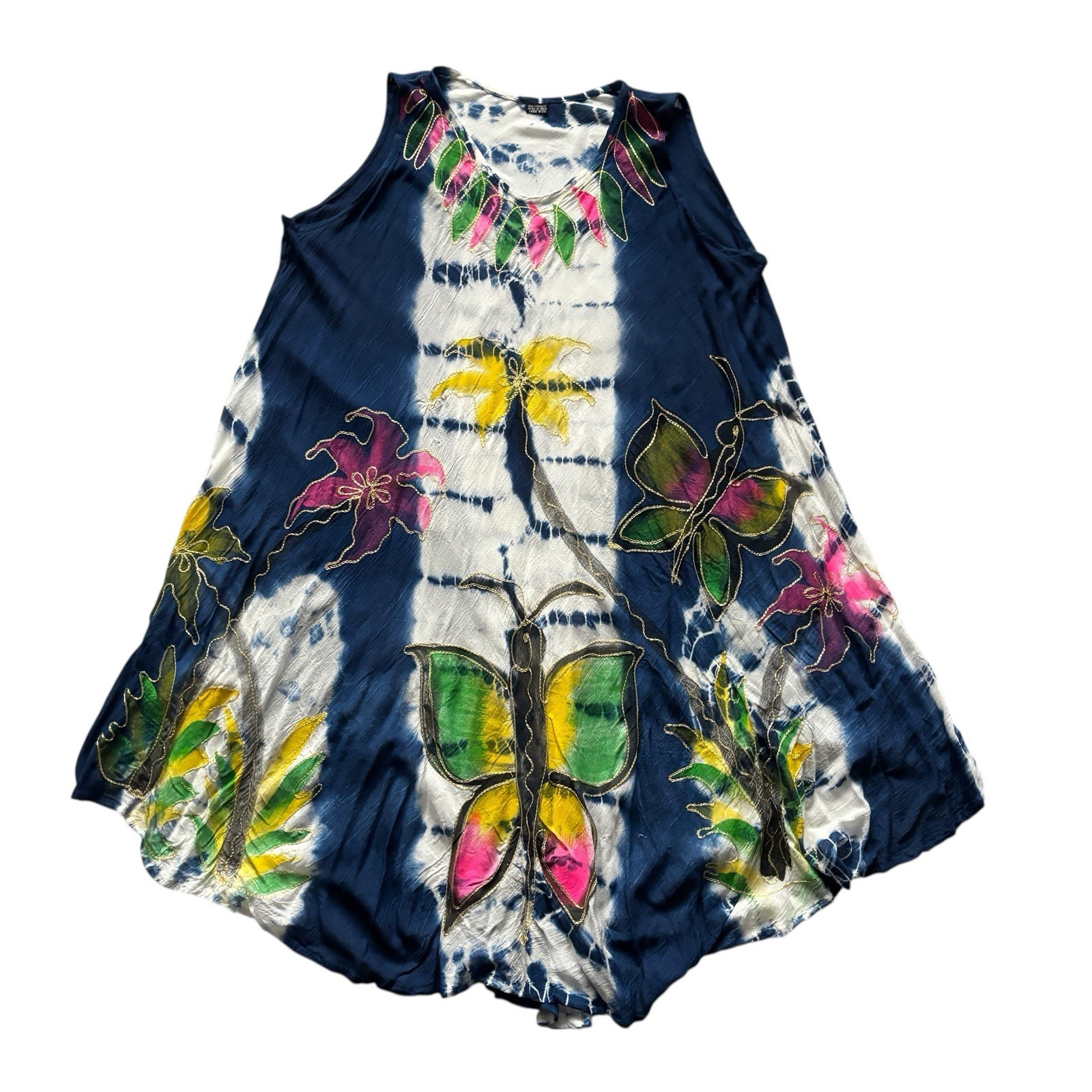Vintage Summer Beach Dress Blue Tie Dyed Patterned Retro Boho Ethnic Holiday 18 image 2