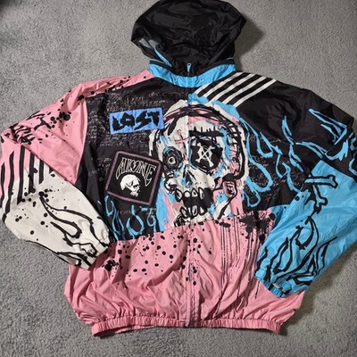 Smoke Rise Mens 2XL Windbreaker Jacket Pink Blue Skull Graffiti Streetwear Patch