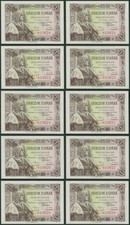 Spain: 10x Consecutive 1 Peseta 1945 (P#128a, 1 letter, 6 digits serial) - UNC