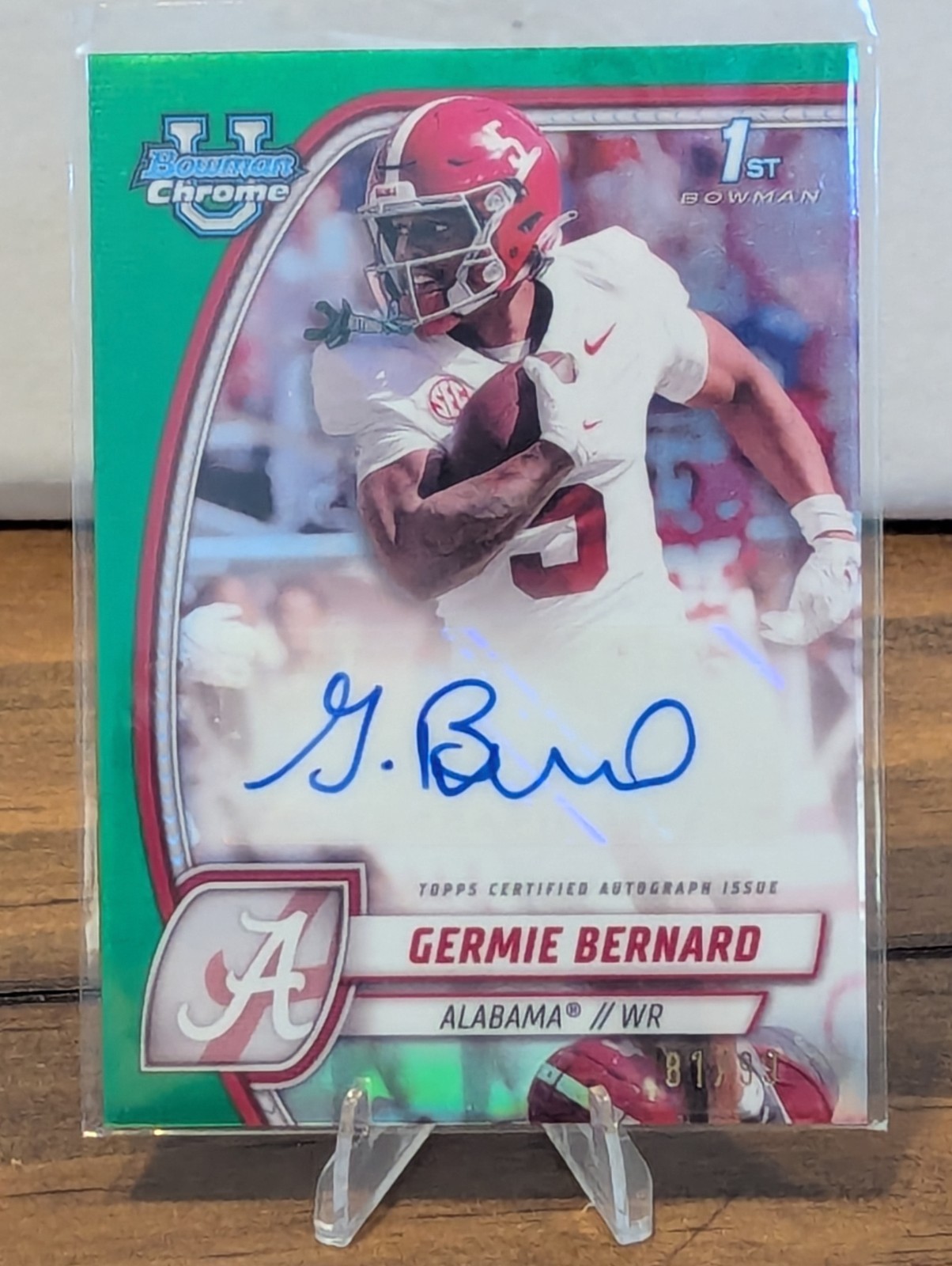 2024 Bowman University Chrome Germie Bernard 1st Green Auto /99 Alabama WR