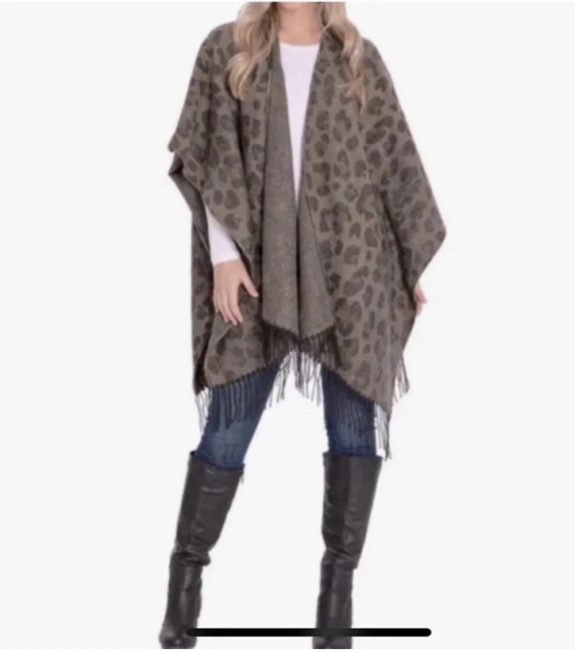 Woolrich Gray Brown Leopard Print Blanket Wrap Shawl Poncho Cape One Size Fringe