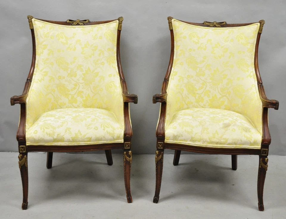 Vintage French Hollywood Regency Carved Mahogany Parlor Lounge Chairs - a Pair - Image 3 of 4
