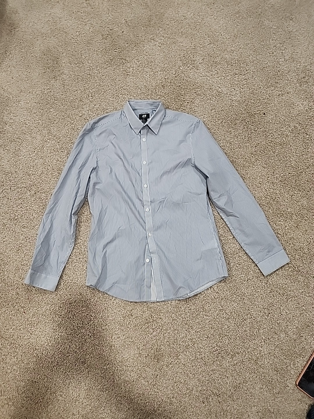 H&M Mens Medium Blue & White Striped Slim Fit Long Sleeve Button Down Shirt