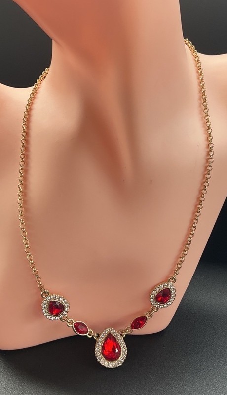 Monet Gold-Tone Necklace With Red Teardrop & Round Rhinestones Lobster Clasp