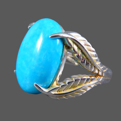 TF STERLINGSILBER Cocktail Ring TÜRKIS BLAU AMAZONIT CAB Feder/Blätter 7