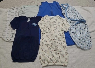 6PC Baby Boys Size Newborn/0-3/0-6/large Sleep Sacks Gowns Mittens Swaddling 