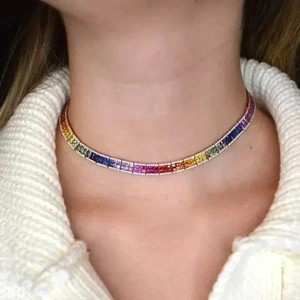 Authentic 20Ct Princess Cut Lab-Created Multicolor Pretty Necklace 14K Yellow Gold Plated
