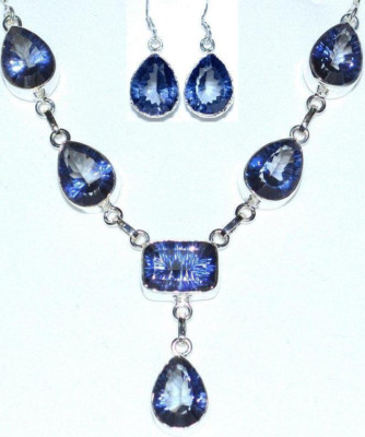 UK HALLMARKED Sterling Silver SET Mystic Blue Quartz Necklace Earrings Real Gems