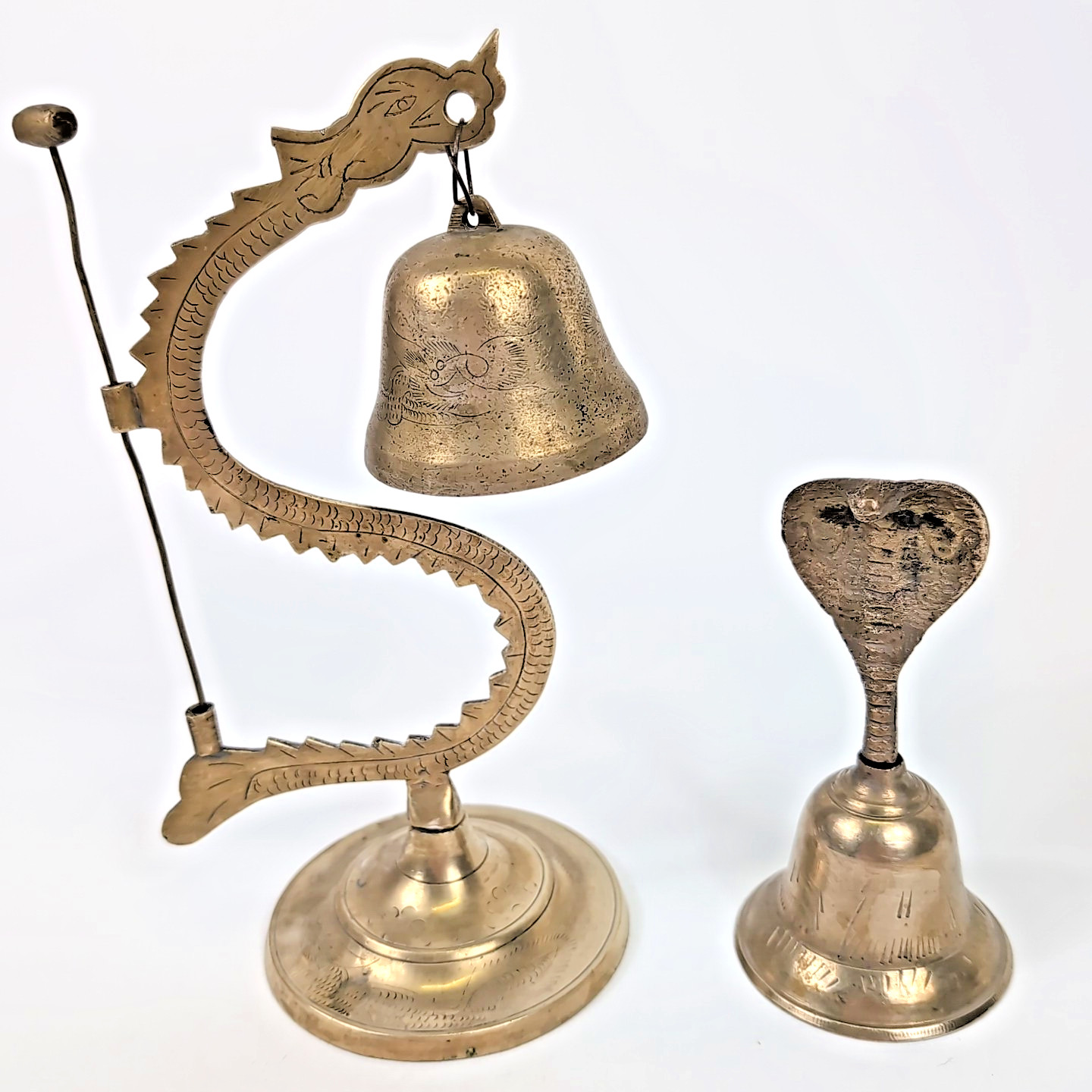 VTG Brass Dragon Gong & Cobra Snake Bell Asian Temple Ritual Buddhist Serpent