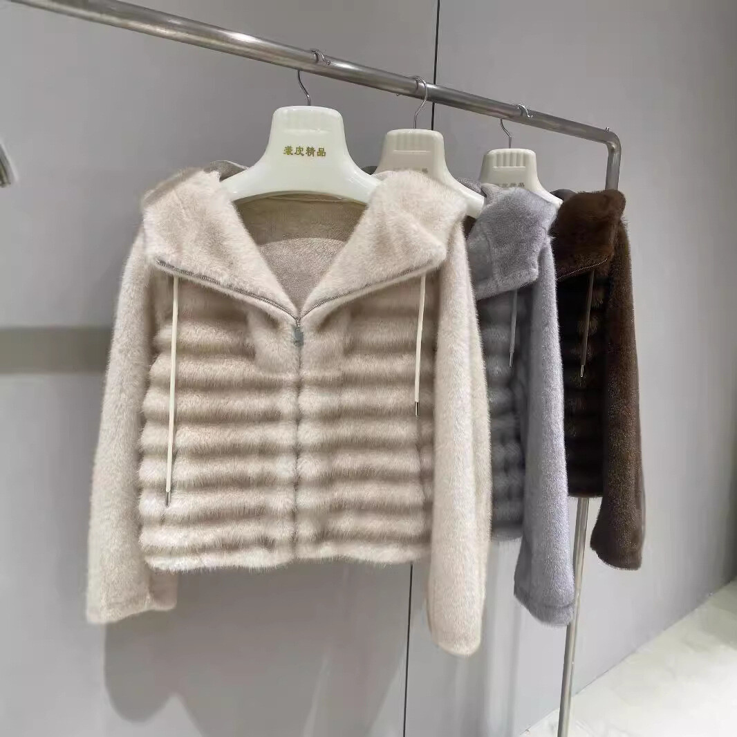 Thickened Winter Mink Fur Hooded Jacket for Women