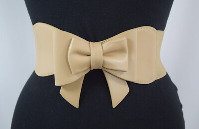 Vintage Pin-up Large Bow Accent Elastic Wide Stretch Waist Belt - Beige