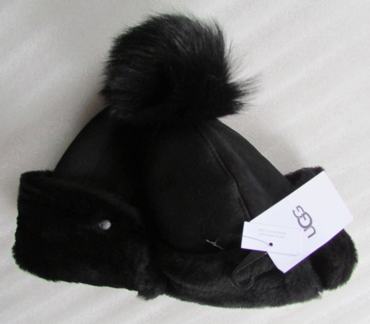 UGG Hat Up Flap Shearling Pom Aviator Water Resistant Trapper New