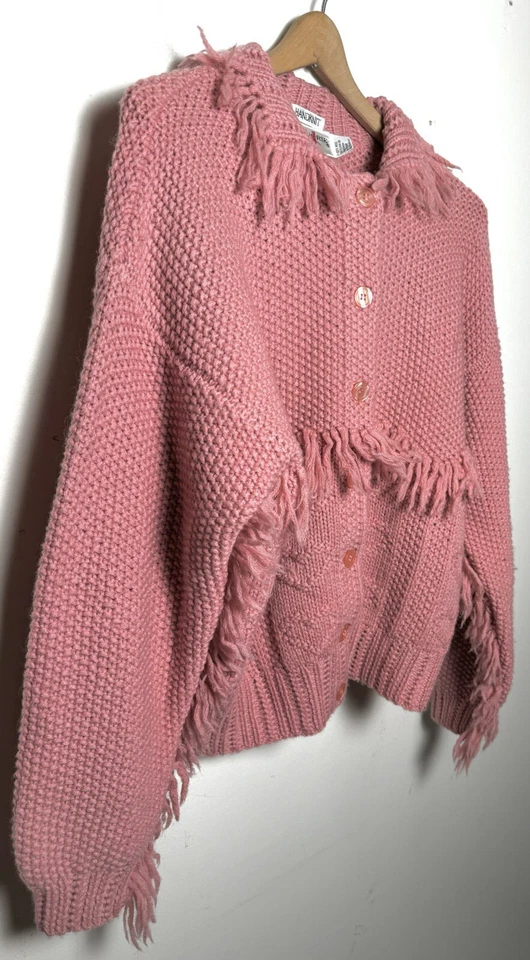 Suéter De Colección Años 90 Tejido a Mano Lana Flecos M Rosa Grueso Tejido Boho Festival Cárdigan Foto 3 de 4