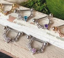 PAIR CZ Center Lacey Filigree Drop Nipple Shields Rings Body Jewelry