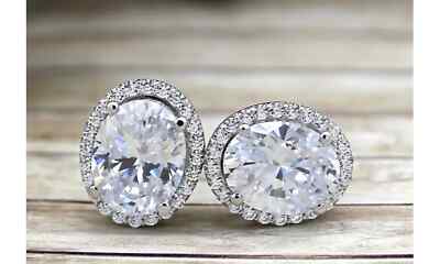 18k White Gold Plated Oval Cut Halo Stud Earrings Made With Swarovski Elements 