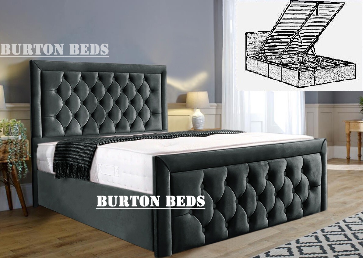 Plush Velvet Cambridge Storage Bed, Ottoman Gas Lift Bed Frame, Ottoman