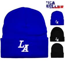 Beanie Hat Mens LA Los Angeles Knit Stretch Ribbed Cuff Skull Slouchy Ski Cap