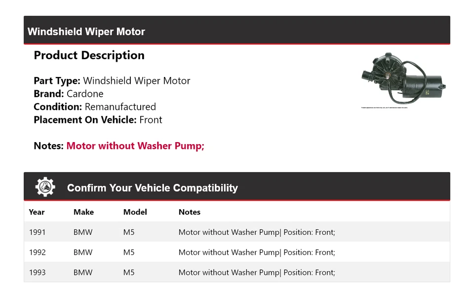 For 1991-1993 BMW M5 Windshield Wiper Motor Front Cardone 1992 - Image 2 of 4