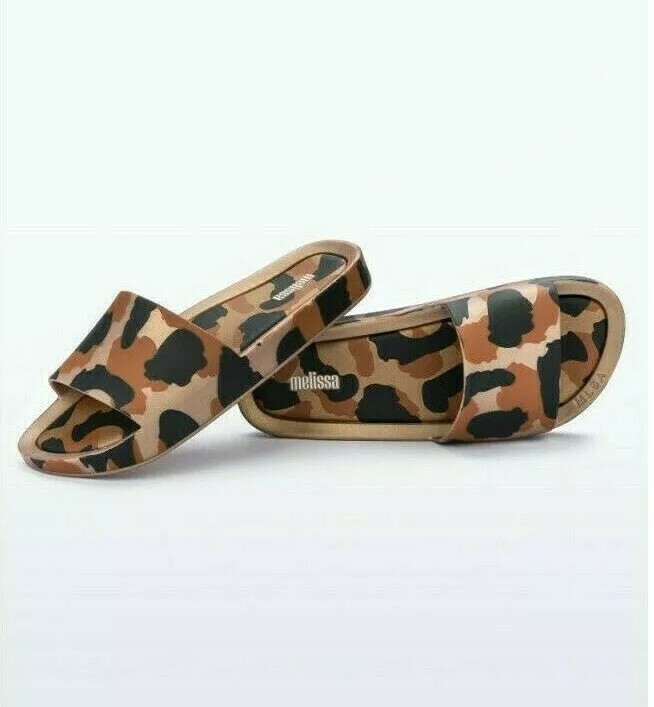 PANTOFOLA D’ORO Nuove pantofole Melissa Beach Slide Street Sandles Piastrelle Leopardo Nero Oro Donna