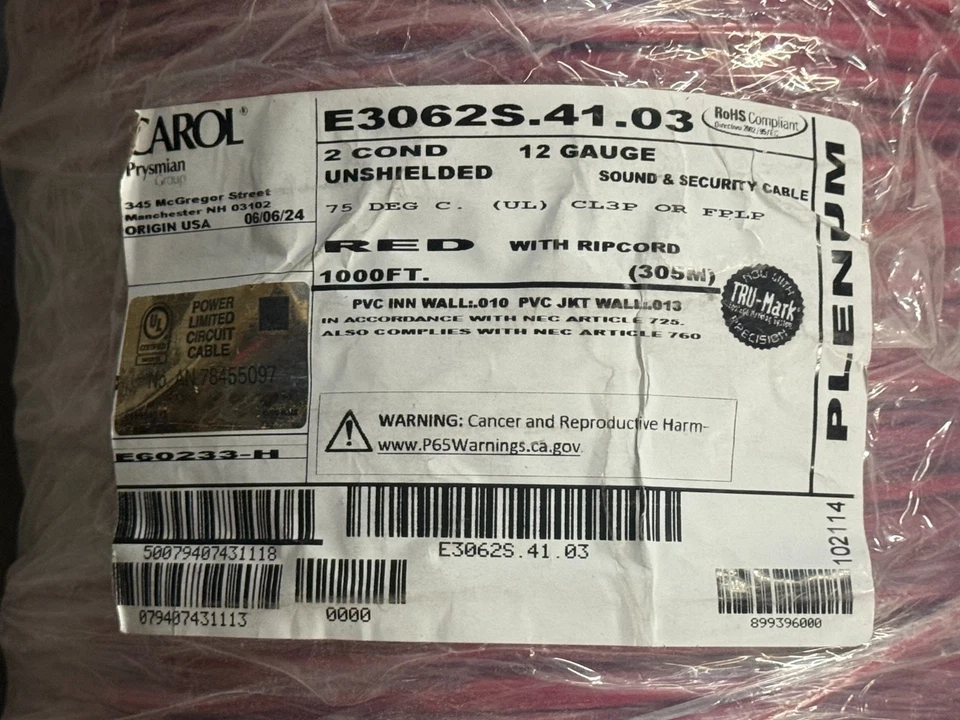 Cable de sonido y seguridad Carol E3062S.41.03, 12/2C, STR, rojo 1000 pies Foto 4 de 4