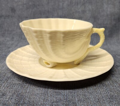 Belleek Cream Neptune Cup & Saucer 6th Green Mark 1965-80 mABQ