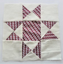 Vintage Burgundy White Cotton Print Ohio Star Quilt Block Nine Patch Piece