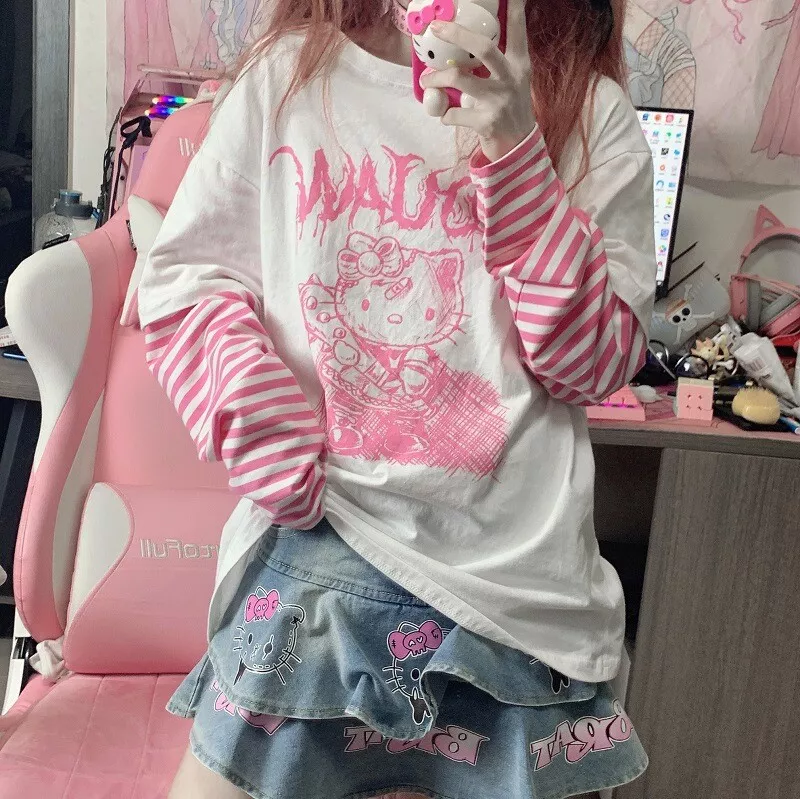 Conjunto de camiseta de veludo e saia de bolo para mulheres, camiseta de  manga comprida, camisetas, mini saias, bege e rosa, roupas kawaii doce  menina - AliExpress