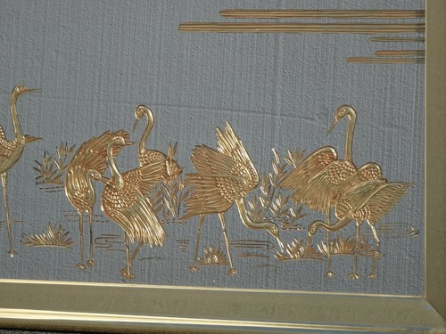Vintage Oriental Asian Hollywood Regency Wall Mirror w Etched Gold Crane Birds - Picture 9 of 12