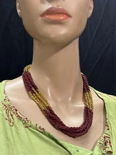 Nnp125 Tribal Ethnic Gold Maroon Glass Pote Bead Gypsy Style Handmade Necklace